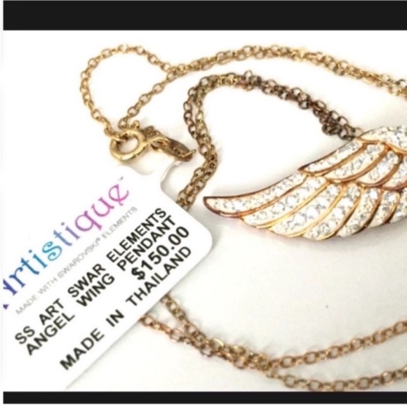NWT Swarovski Angel Wing Crystals Gold Wash Sterling Silver Necklace - Picture 5 of 7